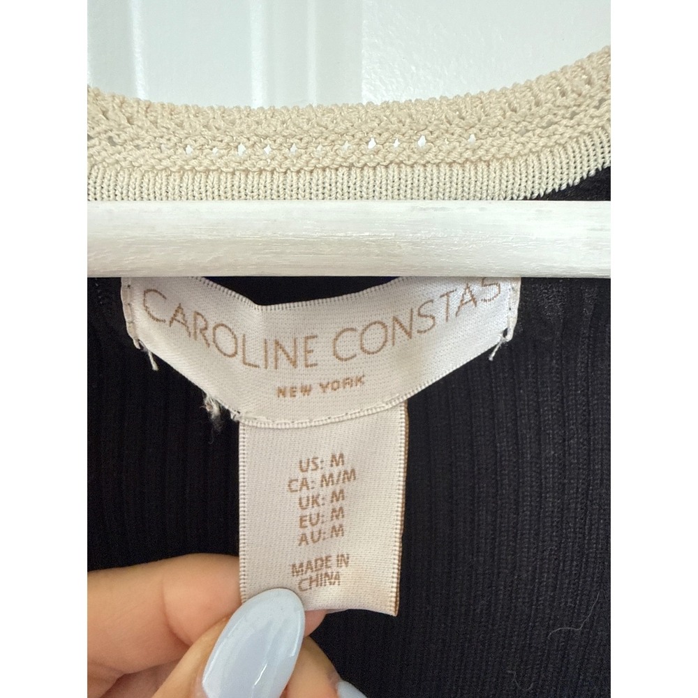 Caroline Constas Black Ribbed Knit Midi Dress Cream Crochet Trim Racerback Med - Picture 3 of 6